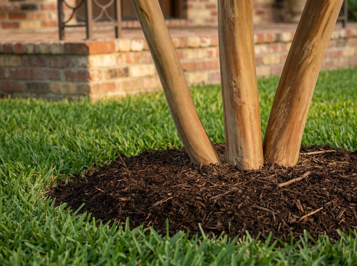 The clean base of a maintained crepe myrtle, three smooth cinnamon trunks rising from mulch
