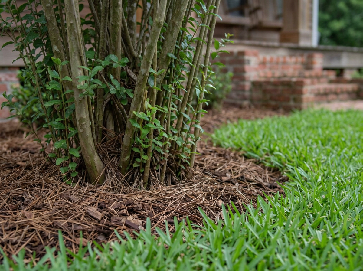 The base of a neglected crepe myrtle, hidden by a thicket of sucker shoots
