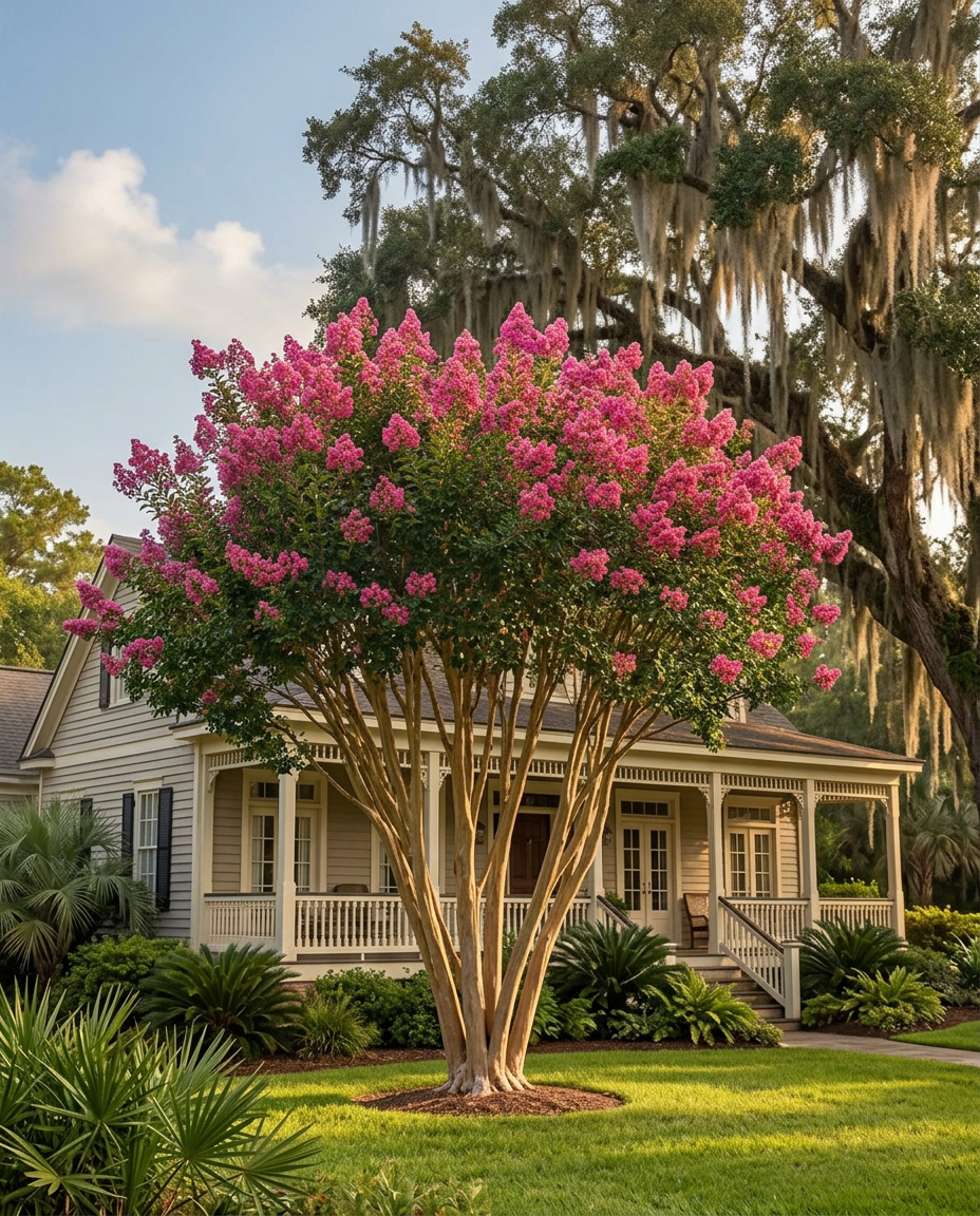 A mature multi-trunk crepe myrtle in a front yard, five trunks limbed up under an open canopy of pink blooms