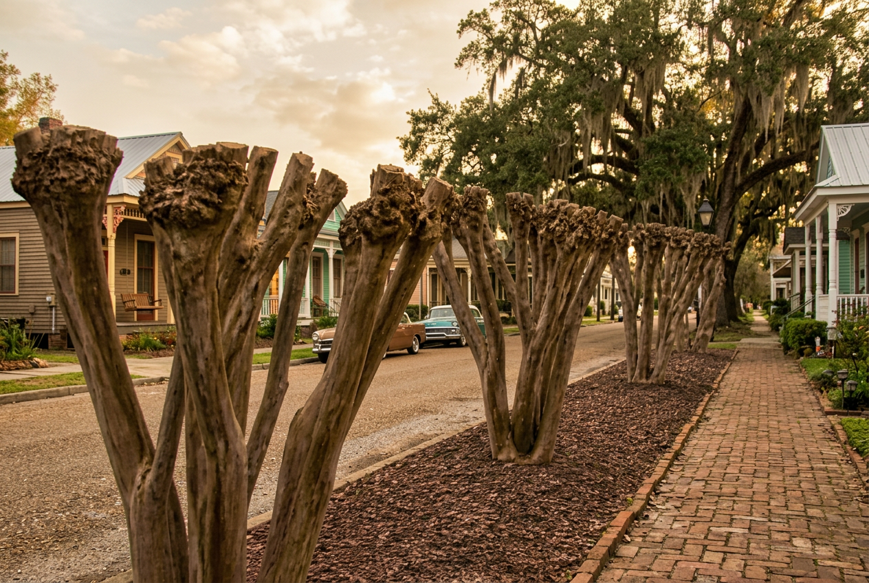 A row of severely topped crepe myrtles in a winter parking lot, every trunk sawn flat into knuckled stubs